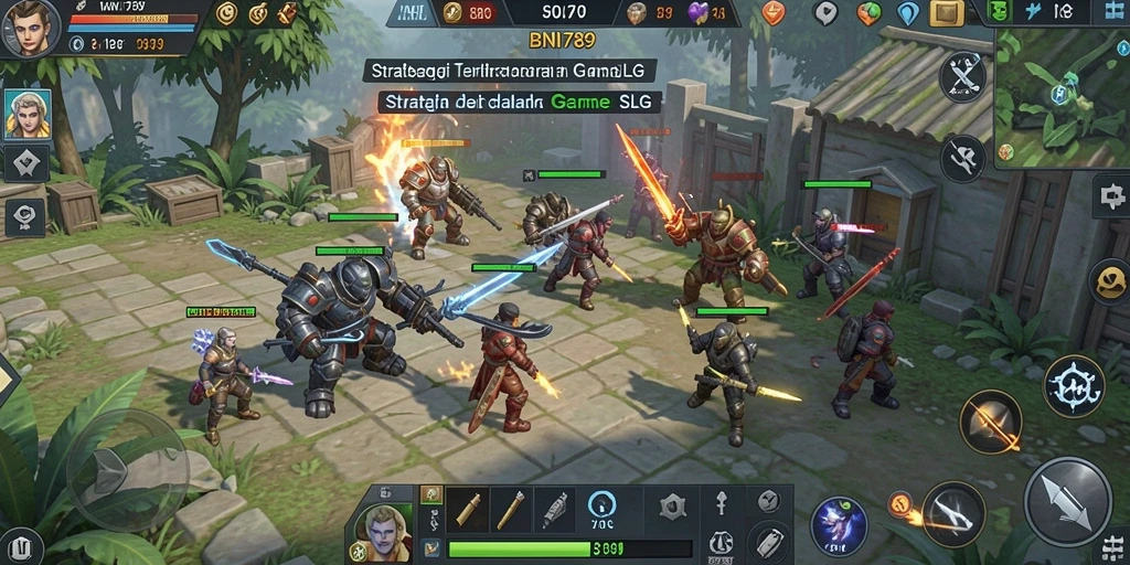 Screenshot gameplay BNI789 menunjukkan pertarungan antara pasukan strategi.