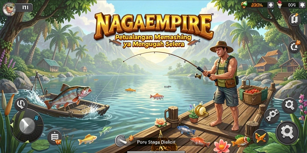 Screenshot gameplay NAGAEMPIRE yang menunjukkan serunya memancing di lautan.