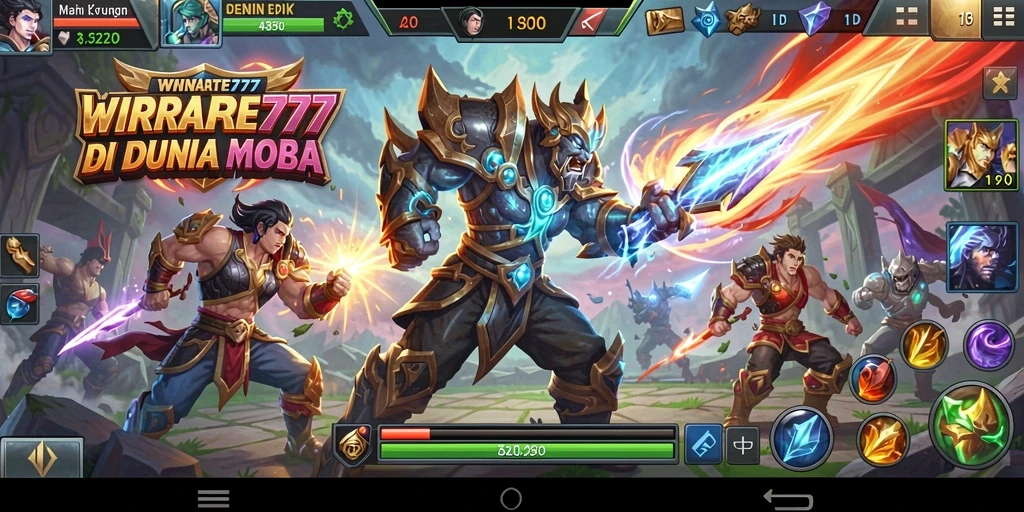 Tampilan dinamis gameplay WINRATE777 dengan aksi MOBA yang seru.